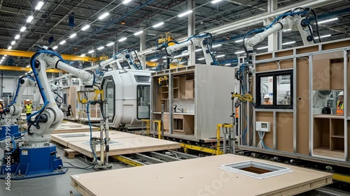 Robotic Assembly of Modular Housing Units - Industrial robots precisely assemble prefabricated modular housing components on a factory assembly line.