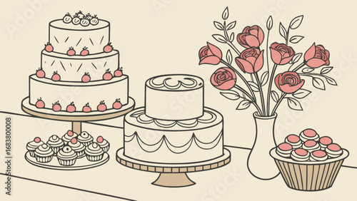 Illustration of wedding cakes and cupcakes with roses for bakery shop and dessert catering service
