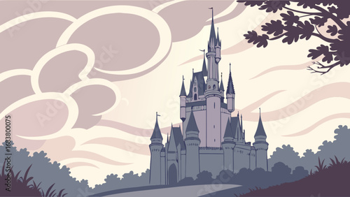 Fantasy castle illustration vector art with fairytale landscape and dreamy cloudscape design art
