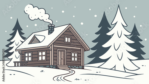 Winter cabin scene illustration with snow covered trees and cozy home in a snowy landscape scene