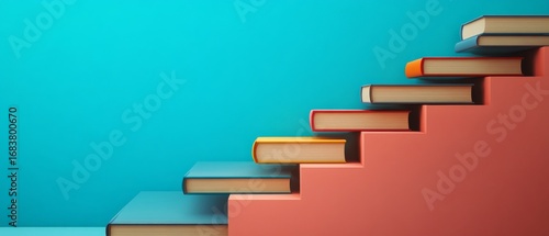 Colorful staircase made of stacked books on blue background