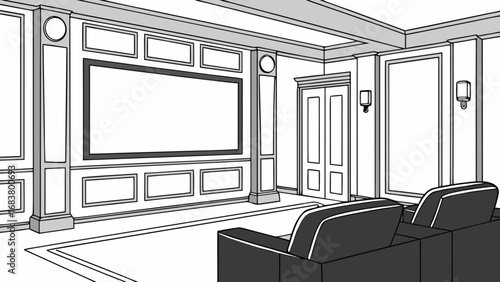 Modern home theater room design with large screen, comfortable seating and elegant wall paneling style