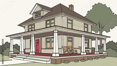 Illustration of craftsman style house with porch, architecture and real estate design concept image