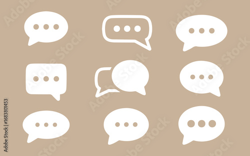 Collection of nine white speech bubbles with ellipses indicating conversation or typing on a light brown background.