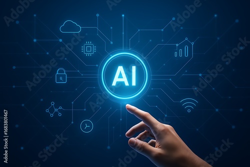 Modern ai technology hub with hand selecting glowing circular button connecting icons cloud security analytics wifi network innovation digital transformation blue neon interface futuristic background