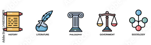 set of humanities and social studies icons vector illustration , symbols for academic disciplines, liberal arts and science