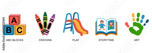 set of early childhood education icons vector illustration, symbols for kindergarten, preschool and child development