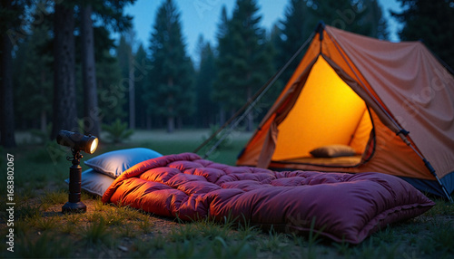 Wallpaper Mural  Camping tent with sleeping bag at dusk in forest. Torontodigital.ca