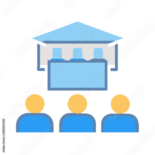 Abstract courtroom scene icon with audience flat illustration