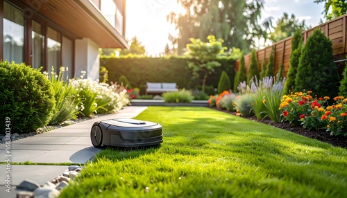 Smart home technology with an autonomous robotic lawnmower maintaining a pristine green lawn in a contemporary residential garden