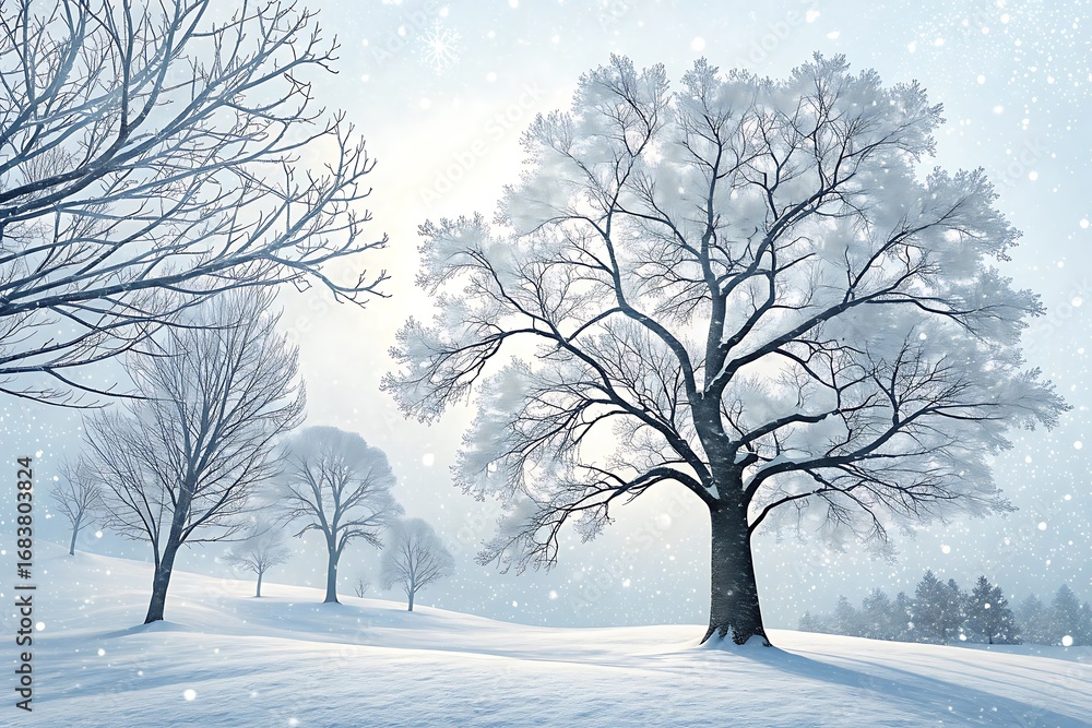 Fototapeta premium Majestic snow covered trees in a serene winter landscape with falling snow