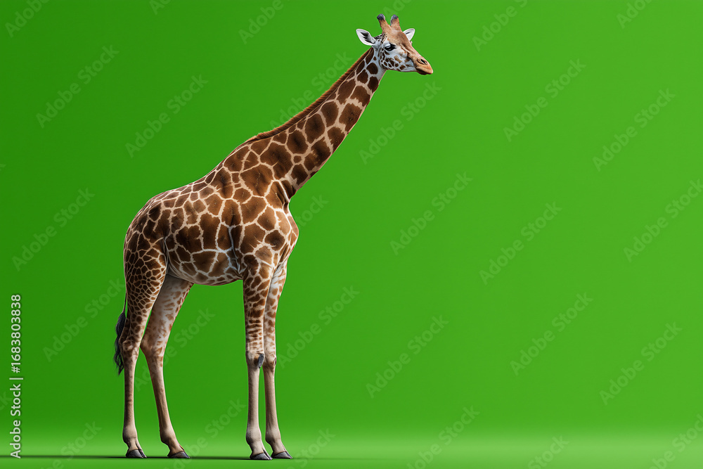 Obraz premium A tall giraffe standing gracefully with a long neck and distinctive pattern against a vibrant green background. The giraffe, a symbol of the African savanna, exudes an air of elegance