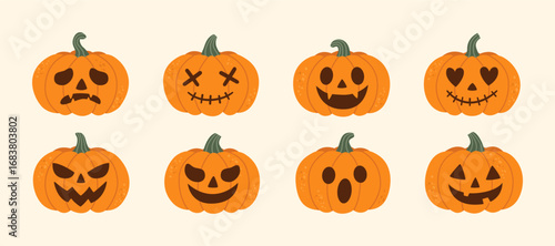Set of Halloween jack o lantern pumpkin faces with different carved expressions including spooky, funny, scary and cute styles, festive holiday decoration design for autumn celebration