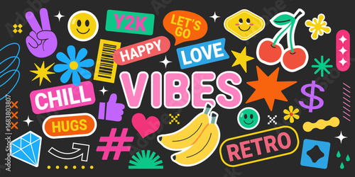 Tablou pe pânză Colorful retro y2k sticker design with vibrant text elements including vibes, re