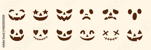 Collection of halloween jack o lantern face silhouettes with different carved expressions including spooky scary funny and cute styles isolated festive seasonal vector illustration design