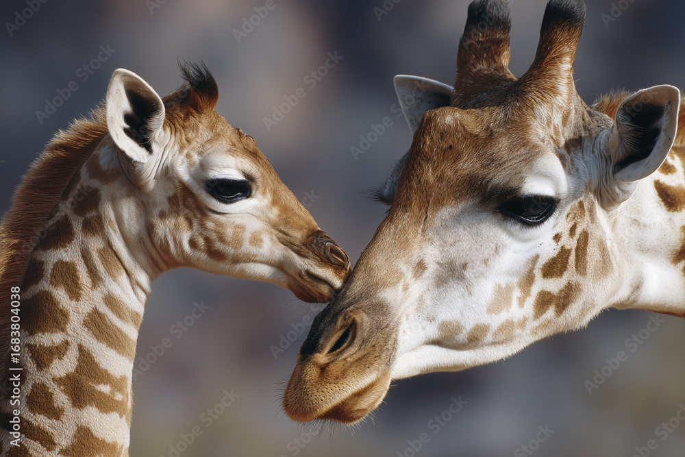 Obraz premium A close-up shot of two giraffes, showing affection