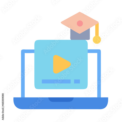Online education video tutorial on a laptop graduation cap