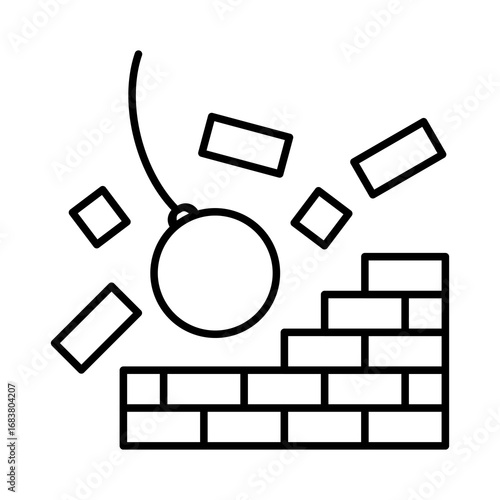 Demolition line icon. Wrecking ball hitting a brick wall. Destruction, change and breaking barriers. Construction industry, urban renewal concept. Progress through rebuilding. Vector illustration. 