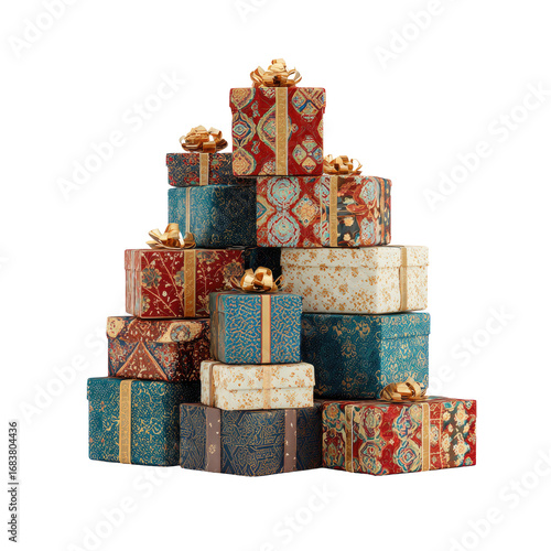 Stacked gift boxes, ornate patterns, gold ribbons, festive