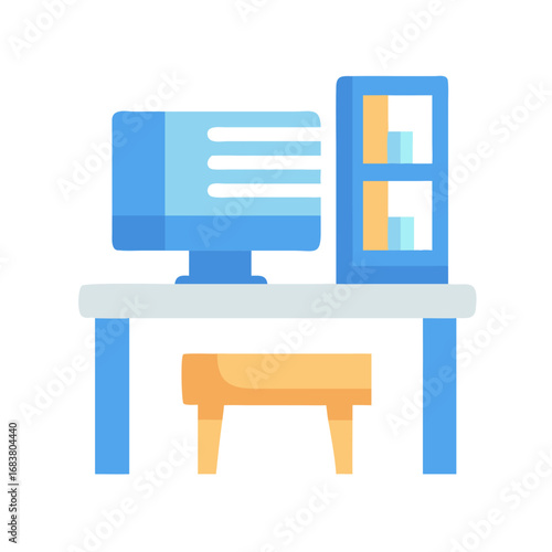 Icon of desk with computer shelf and chair set