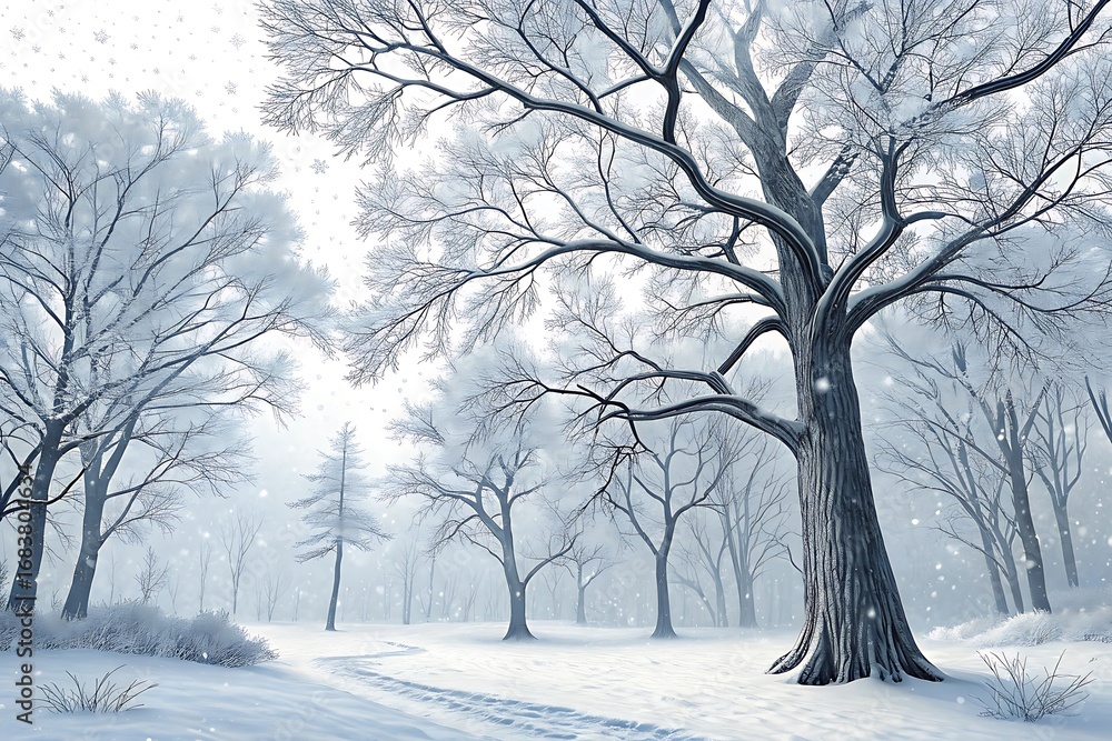 Fototapeta premium Snow covered trees and path in a serene winter forest landscape
