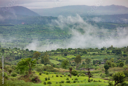 Scenic view of farms and villages in the Southern region of Ethiopia near Konso.