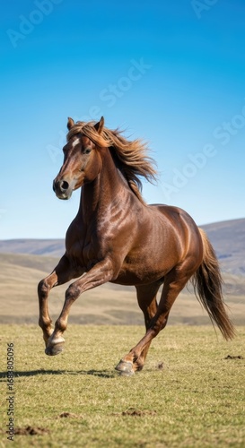 Brown horse gallops across an open field under a clear blue sky in the countryside during daylight
