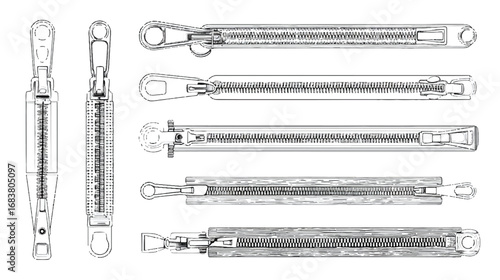 Variety of zipper types including metal zippers and coil zippers presented in a technical drawing style illustration