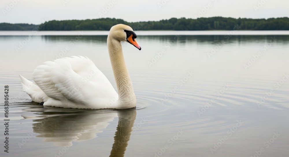 Obraz premium Elegant swan gliding across calm water with reflected scenery in serene natural setting