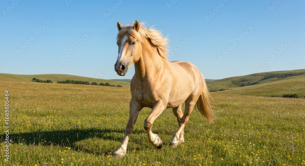 Obraz premium Golden horse gallops gracefully across a lush green meadow under a clear blue sky