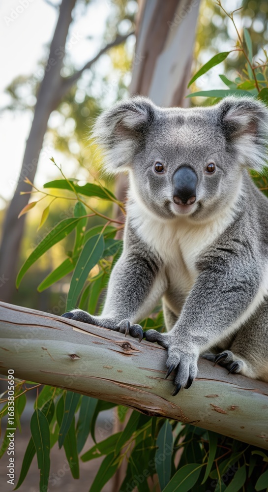 Fototapeta premium Koala resting on a eucalyptus branch in a natural habitat during daytime