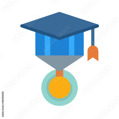 Graduation cap and medal icon on black background