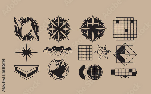 Collection of vintage nautical and celestial symbols decorative ornaments and emblems