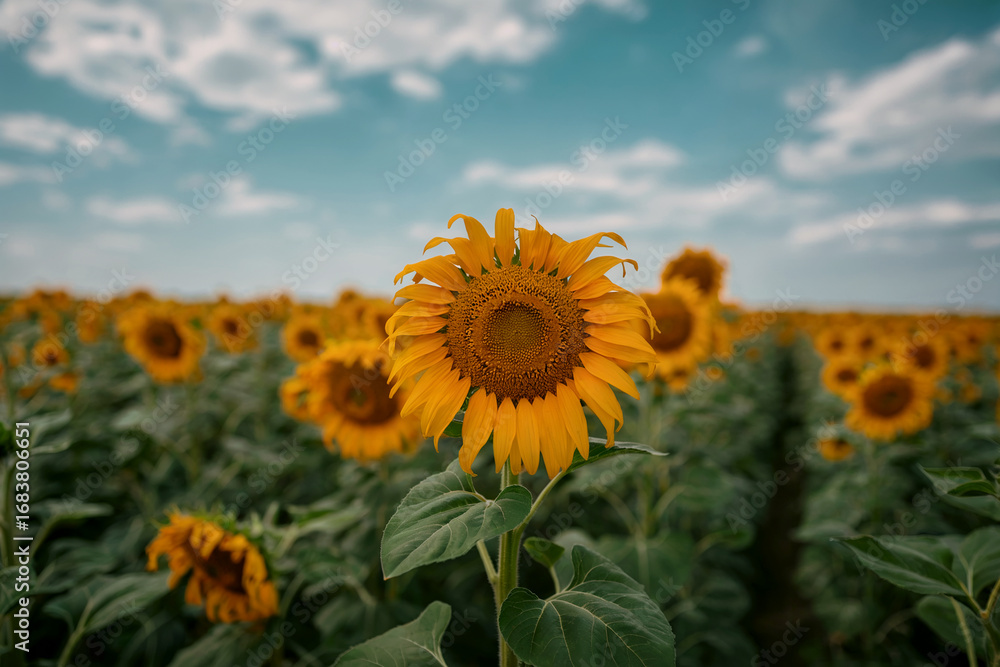 Fototapeta premium Bright yellow sunflower field under a blue sky with white clouds nature