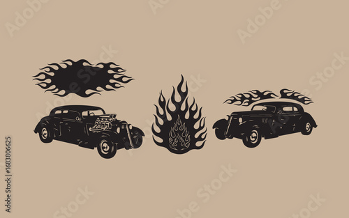 Classic hot rods and fiery flames emblem design elements for customization and automotive art