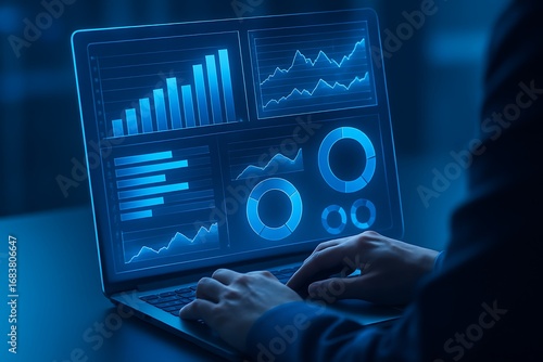 Business analytics dashboard on laptop with charts graphs and metrics for reporting visualization monitoring performance insights data analysis corporate management strategy 
