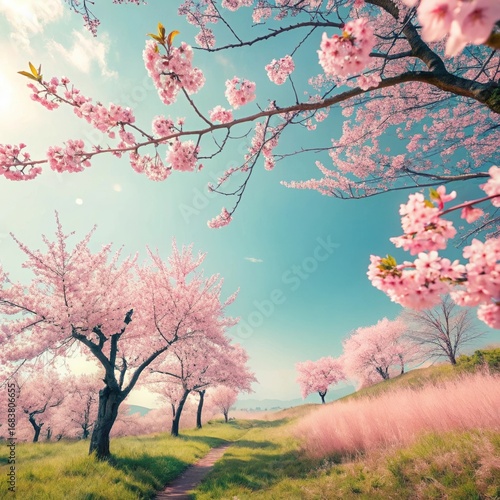 Blooming sakura trees in Koishikawa Korakuen garden, Okayama, Japan. Japanese hanami festival. Cherry blossoming season in Japan. Beautiful nature spring scene with a branch of blooming sakura