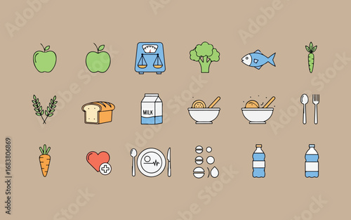 Variety of healthy food and drink items arranged in a grid pattern for visual appeal