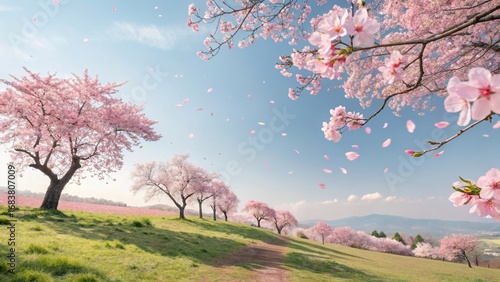Blooming sakura trees in Koishikawa Korakuen garden, Okayama, Japan. Japanese hanami festival. Cherry blossoming season in Japan. Beautiful nature spring scene with a branch of blooming sakura