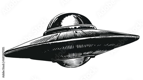 Vintage Engraving of Unidentified Flying Object UFO isolated on white background spaceship illustration