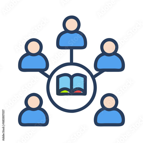 Open book surrounded by connected people in flat style