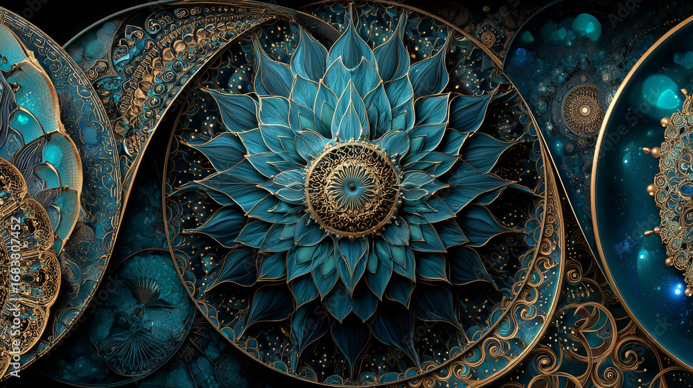 Obraz premium Abstract fractal patterns and shapes. Infinite universe..Mysterious psychedelic relaxation pattern. Dynamic flowing natural forms. Sacred geometry.Mystical spirals.