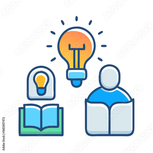 Icons of people reading books and lightbulbs appearing