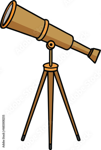 Antique brass telescope on wooden tripod vector illustration for scientific exploration and astronomy transparent background