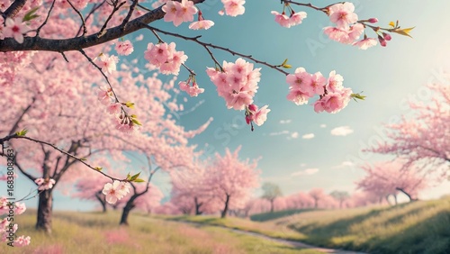 Blooming sakura trees in Koishikawa Korakuen garden, Okayama, Japan. Japanese hanami festival. Cherry blossoming season in Japan. Beautiful nature spring scene with a branch of blooming sakura