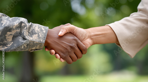 Military person shaking hands with civilian outside