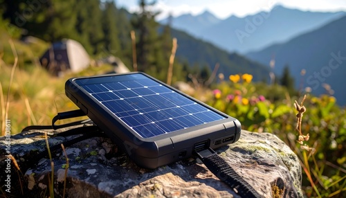 Portable solar charger power bank absorbing sunlight on a rock, providing renewable energy during a scenic mountain hike
