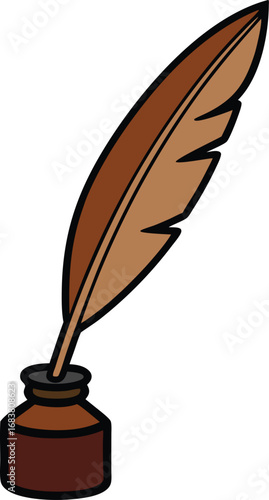 Brown feather quill with ink bottle vector illustration for creative writing and design projects transparent background