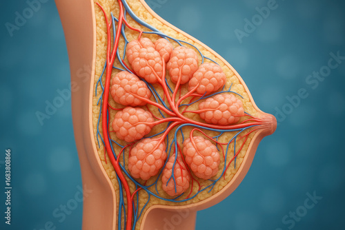 Breast Anatomy Illustration, showing mammary glands, fat tissue and blood vessels.