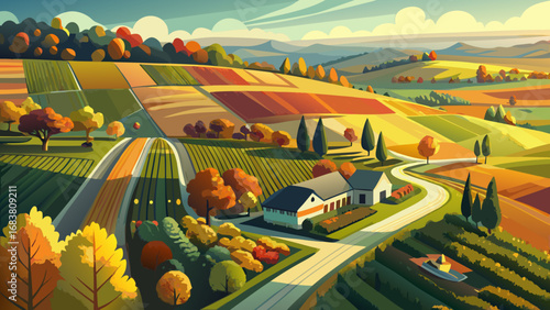 very beautiful  Farm autumn landscape, agricultural fields, beautiful green, yellow, orange and beige countryside, country road. Nature Illustration, photorealistic top view drone
